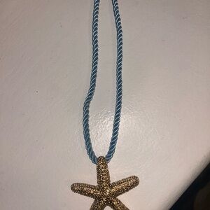 Gold Starfish Pendant on Blue Rope Necklace